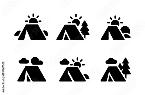 Minimalist sunset camping icons set for outdoor adventure designs