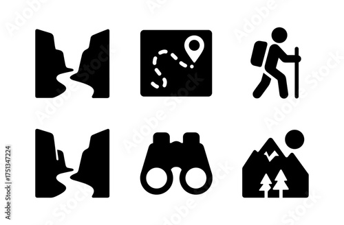 Adventure symbols set for valley exploration and hiking adventures design
