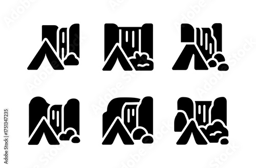 Minimalistic waterfall and camping icons for outdoor adventure designs