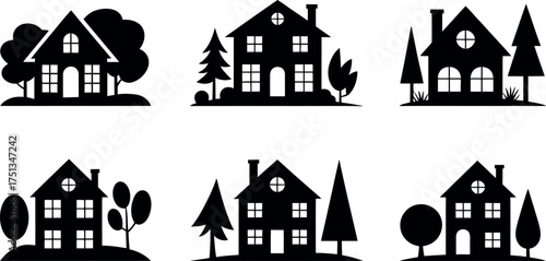 Silhouette of various houses with trees isolated on white background, vector illustration