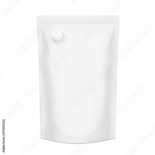 Realistic stand pouch bag with spout mockup. Vector illustration isolated on white background. Front view. Can be use for template your design, presentation, promo, ad. EPS10.