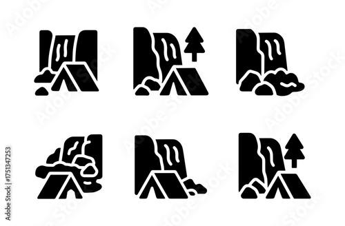 Minimalist waterfall and camping icons for outdoor adventure design