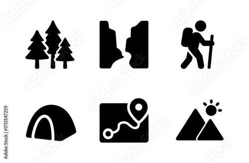 Forest adventure icons set for outdoor activity design and nature exploration projects
