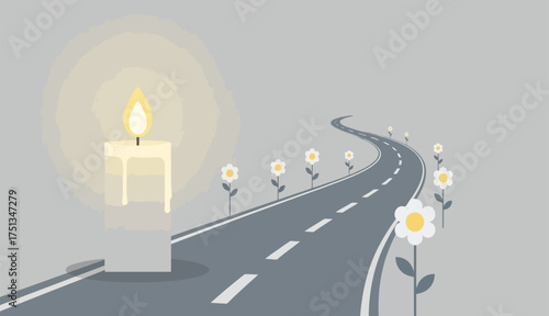 Candle Lit Beside Road Adorned with Flowers Path Towards Bright Future