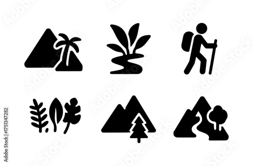 Tropical hiking icons for outdoor adventure designs and nature enthusiasts