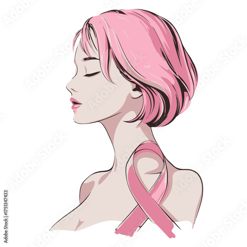 Beautiful Woman with Pink Hair and Ribbon Doodle Vector - Breast Cancer Awareness Portrait