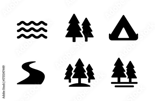 Minimalist camping icon set featuring nature elements for outdoor adventures design