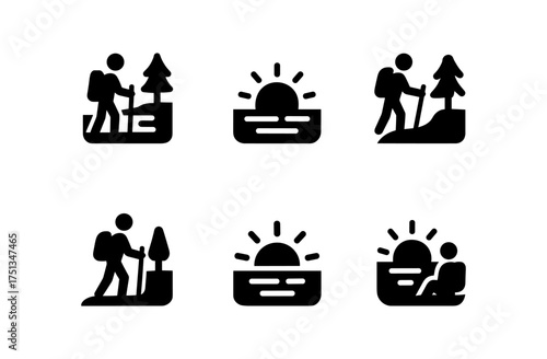 Minimalist hiking and sunrise icon set for outdoor adventure designs