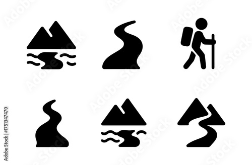 Nature adventure icons set: mountain, stream, and hiking symbols for outdoor design projects