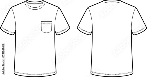 Outline drawing of a blank tshirt with pocket, isolated on white background