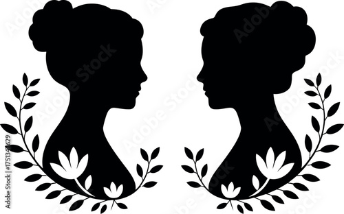 Two elegant female silhouettes face each other, adorned with floral elements isolated on white background