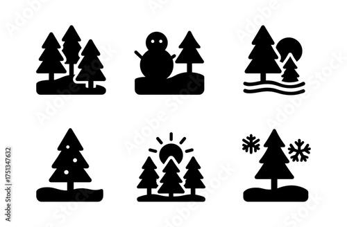 Minimalist winter forest icons set with trees, snowman, and snowflakes for seasonal design