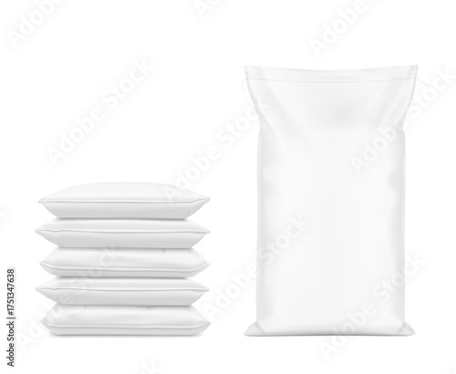 Woven sack bag mockup set for chemical products and etc. High realistic. Vector illustration isolated on white background. Ready for use in presentation, promo, advertising. EPS10.