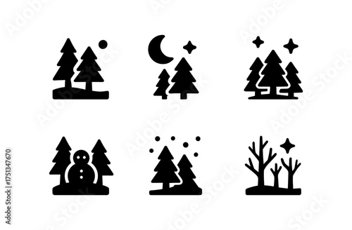 Minimalist winter forest icons set for seasonal design projects and holiday decorations