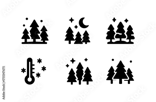 Minimalist winter forest icons set featuring trees and temperature symbols for seasonal designs