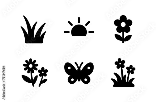 Simple summer meadow icons featuring grass, sun, flowers, and butterfly for design projects