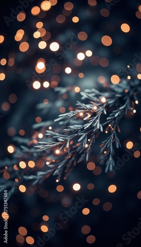 Evergreen branches shimmering with Christmas lights, a festive mood