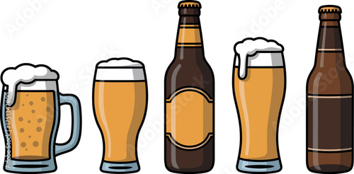 Illustration of beer bottles and glasses isolated on white background, vector design