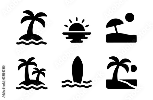 Minimalist summer island icons for travel and vacation design – perfect for beach and tropical themes