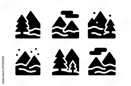 Minimalist winter icons set featuring foggy valley with trees and mountains - design for prints or digital use
