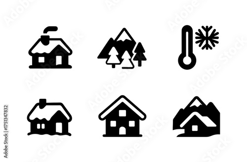Winter cottage icons for seasonal design — cozy and simple graphics for holiday projects