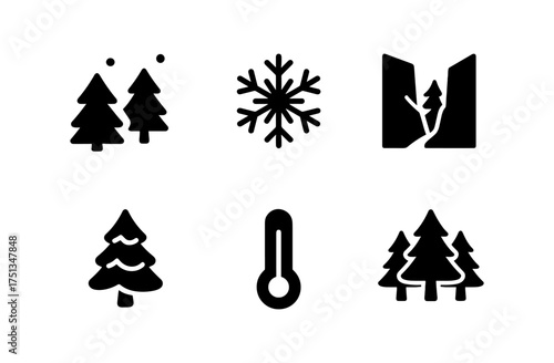 Minimalist winter pine and snowflake icons for seasonal design and decoration elements