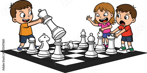 children, chess, game, play, strategy, competition, board, piece, king, rook, knight, bishop, fun, activity, boy, girl, cartoon, illustration, vector, design, creative, element