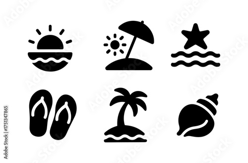 Minimalist summer coast icons for beach-themed designs and decor