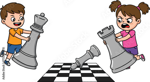 children, chess, game, play, strategy, competition, board, piece, king, rook, bishop, fun, activity, boy, girl, cartoon, illustration, vector, design, creative, element