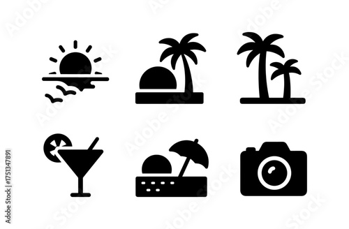 Summer sunset icon set with tropical and vacation elements for design projects
