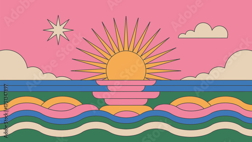 Retro sunset illustration with sun, star, clouds, and ocean waves in pink and yellow
