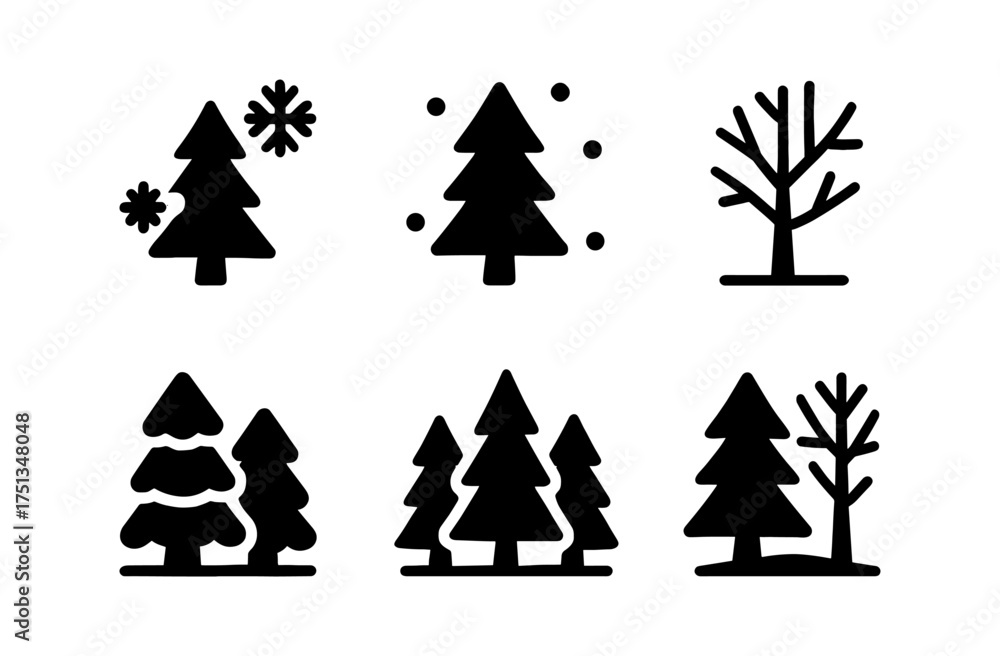 Obraz premium Winter forest icons set for seasonal design projects with simple tree and snowflake elements