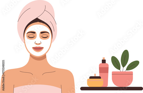 Woman with facial mask and towel on head isolated on white background