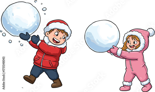 children, snowball, fight, winter, play, outdoor, activity, fun, sport, boy, girl, snow, cold, season, holiday, childhood, illustration, vector, design, creative, element