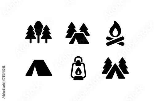 Summer camp icons featuring trees, tents, campfire, and lantern for outdoor adventure design