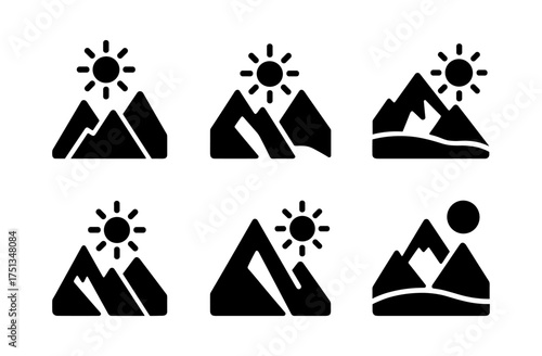 Minimalist summer mountain icons set with sun for nature designs
