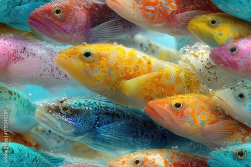Un vibrante cardumen de peces de colores brillantes nadando en aguas cristalinas.