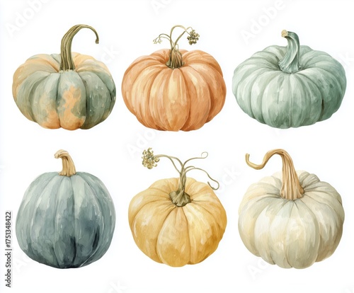 Watercolor pumpkin clipart set featuring six watercolor autumn gourds in soft orange, green, and cream tones – perfect for fall decor, scrapbooking, and invitations.