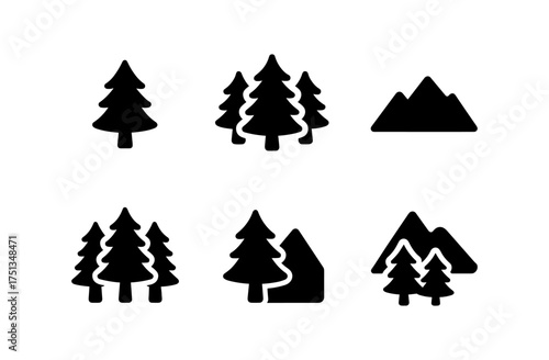 Minimalist cedar forest and mountain icons for nature-themed designs