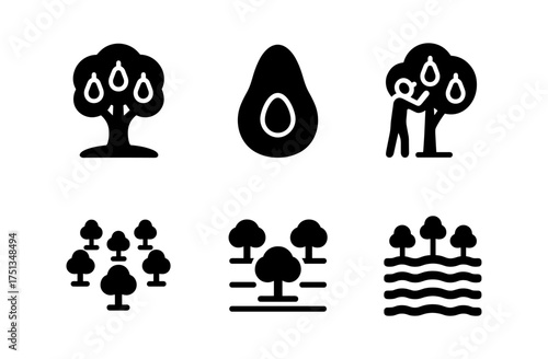 Avocado orchard icons collection for design and print featuring trees and farming concepts