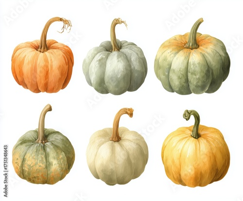Watercolor pumpkin clipart set featuring six watercolor autumn gourds in soft orange, green, and cream tones – perfect for fall decor, scrapbooking, and invitations.
