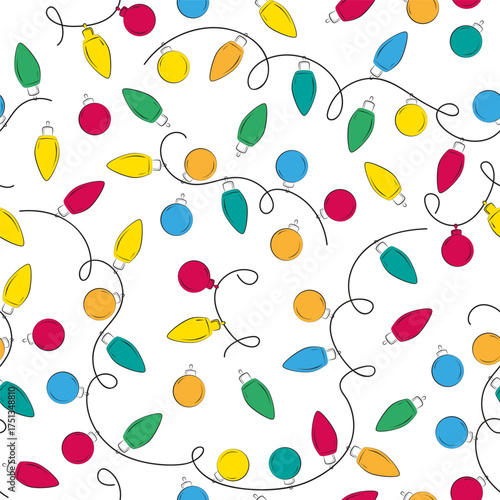 Christmas decorative garlands seamless pattern. Lights bulbs isolated on white background. Glowing multi colored garland string. New Year party lights decorations. Vector illustration. 