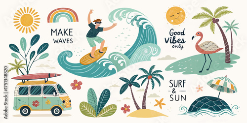 Illustration of summer beach scene with surfer, van, flamingo, sun, waves, and tropical elements artfully drawn