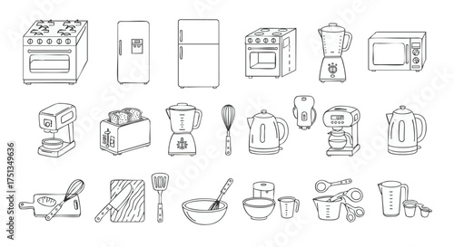 Collection of kitchen appliances and utensils illustration on a white background from a straightforward viewpoint
