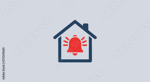Illustration of a house icon with alarm bell inside ringing, symbolizing alertness and warning from a front viewpoint.