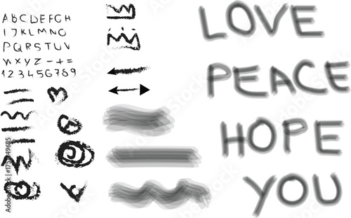 Brush paint hand drawn vector, Number, Letters, Love, Hope, Peace