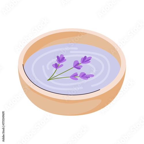 Flat vector illustration of a bowl of lavender water for spa treatments. Perfect for beauty salon, aromatherapy, wellness, relaxation, skincare, organic cosmetics branding, women's retreat.
