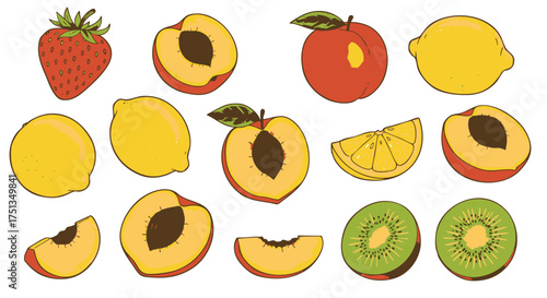 Assorted fruits including peaches, lemons, kiwi, and strawberries arranged in a grid pattern, showcasing various cuts and whole fruits in a flat illustration style.