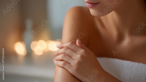 Wallpaper Mural Sensual beauty shot of a female applying body oil or moisturizer, highlighting skincare and glow. Torontodigital.ca