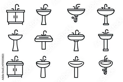 Variety of bathroom sink icons: modern line art designs displaying diverse styles